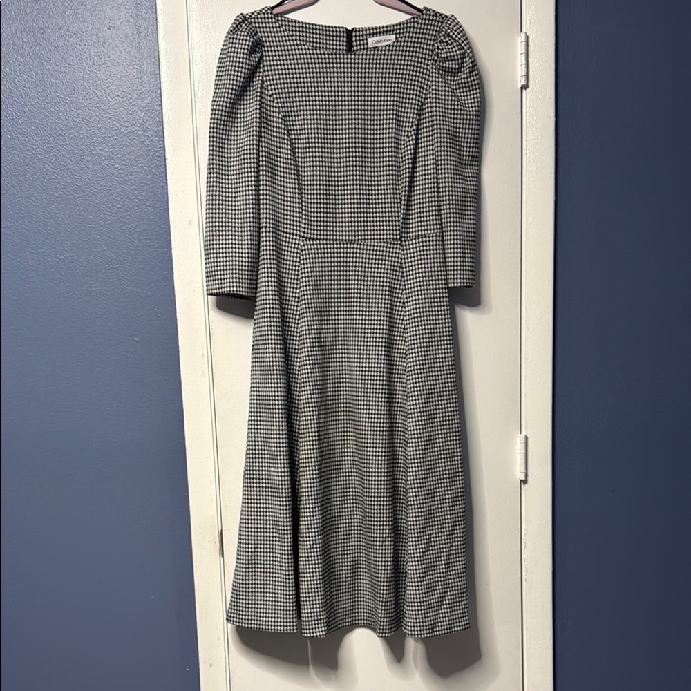 Calvin Klein Black and White Checkered Long Sleeve Dress